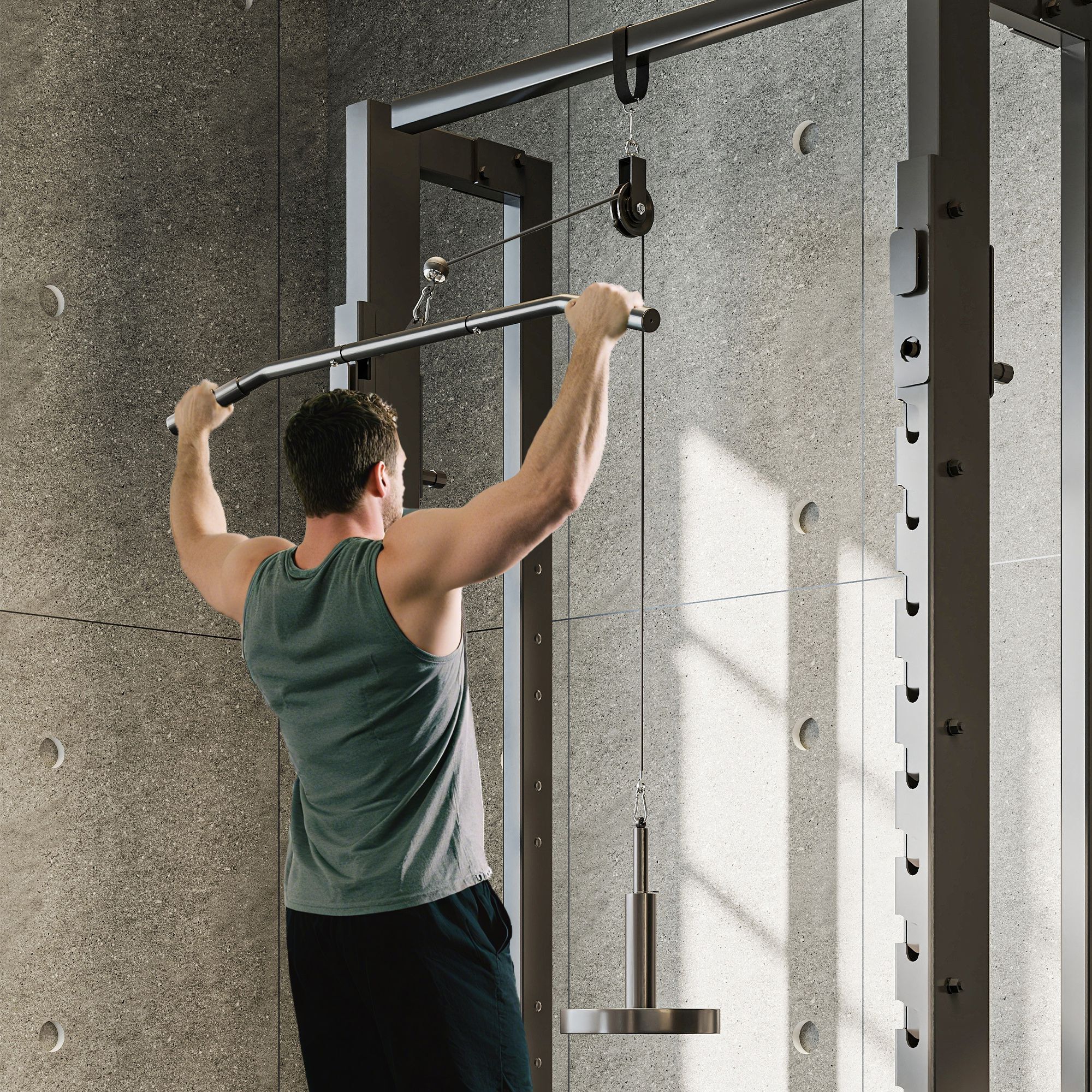 Station de traction murale - machine poulie musculation - LAT pulldown exercices - acier nylon rouge noir