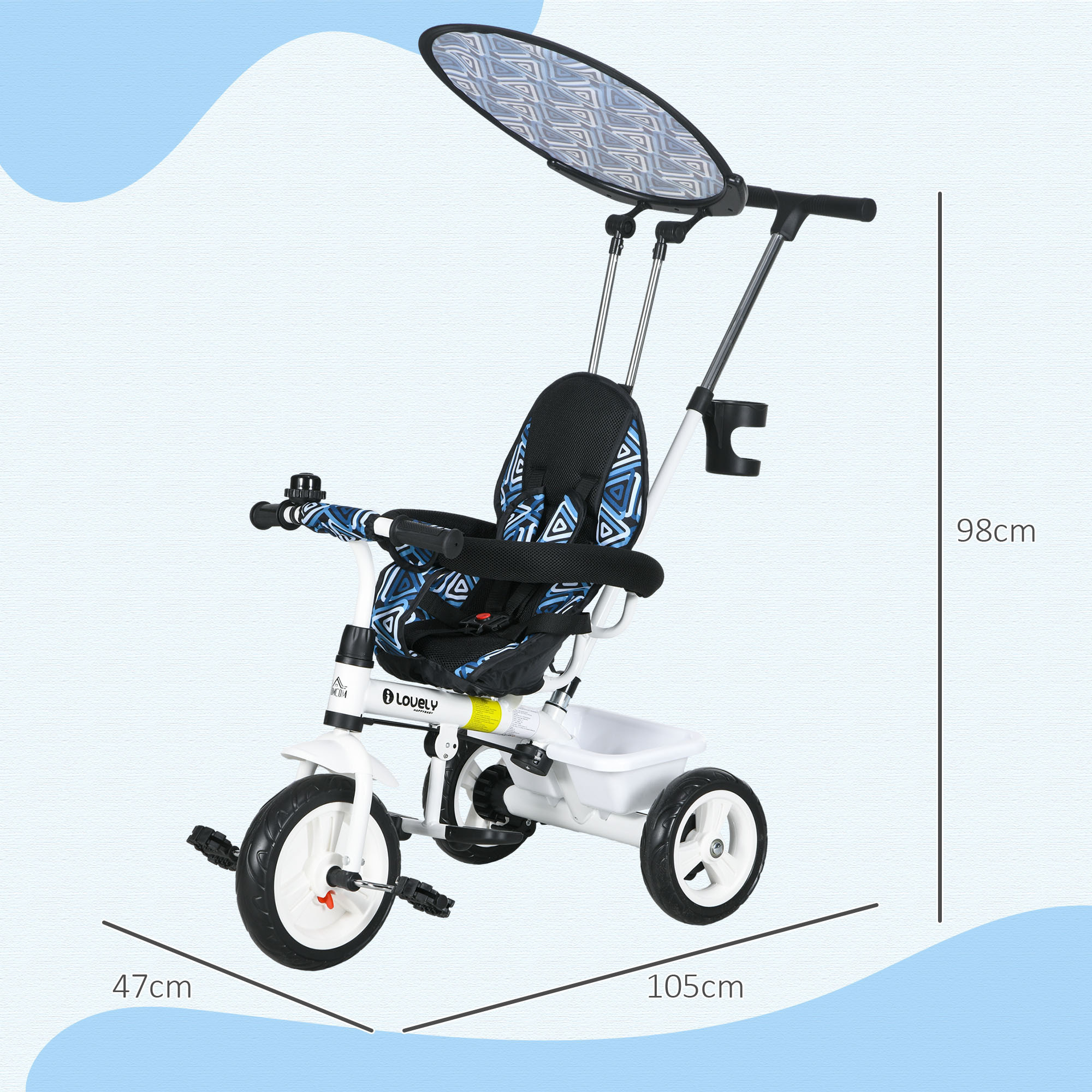 Triciclo para Bebés 6 en 1 Triciclo Evolutivo para Niños de +12 Meses con Toldo Plegable Mango de Empuje Telescópico y Desmontable Asiento Ajustable Cesto y Portabotellas Azul