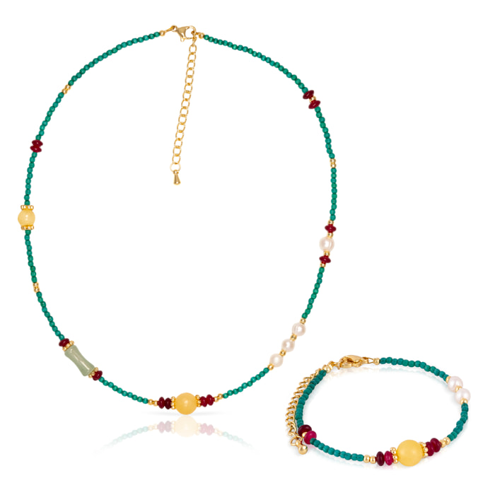 Set de pulsera y collar a juego de ojo de gato, lapislázuli, ámbar y perlas naturales con cierre de mosquetón.