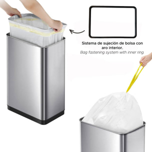 Cubo de basura de color metálico en acero inoxidable con sensor automático y filtro antiolor.