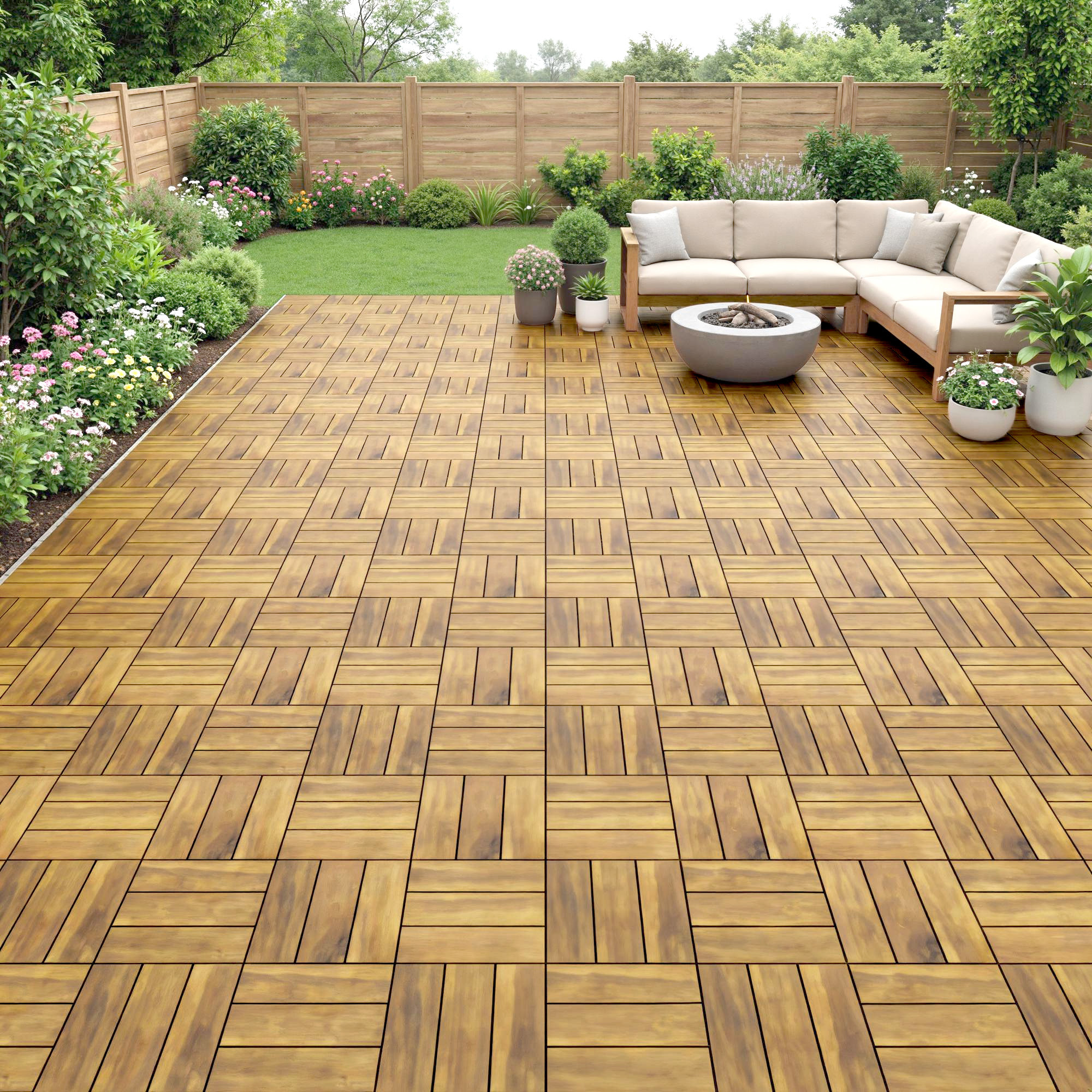 Set de 10 Piezas Baldosas de Exterior de Madera de Acacia, 31x31 cm, 0,91 m², Suelo de Terraza Exterior, Antideslizantes y Resistentes al Clima, Fácil Instalación, para Terraza, Natural