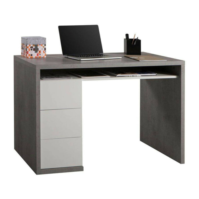 Scrivania per ufficio e studio, Tavolo da computer minimal, Scrittoio per lavoro con 3 cassetti, Made in Italy, cm 110x60h75, colore Cemento e Bianco