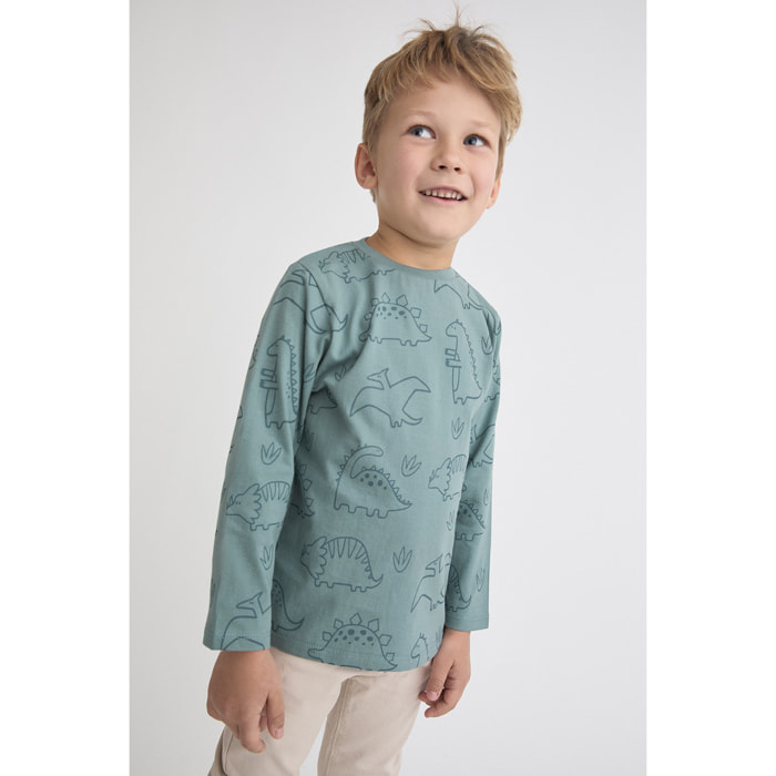 Camiseta niño azul verdoso de manga larga, estampado de dinosaurios y botón a presión en el hombro | Color: Azul verdoso | Street Monkey