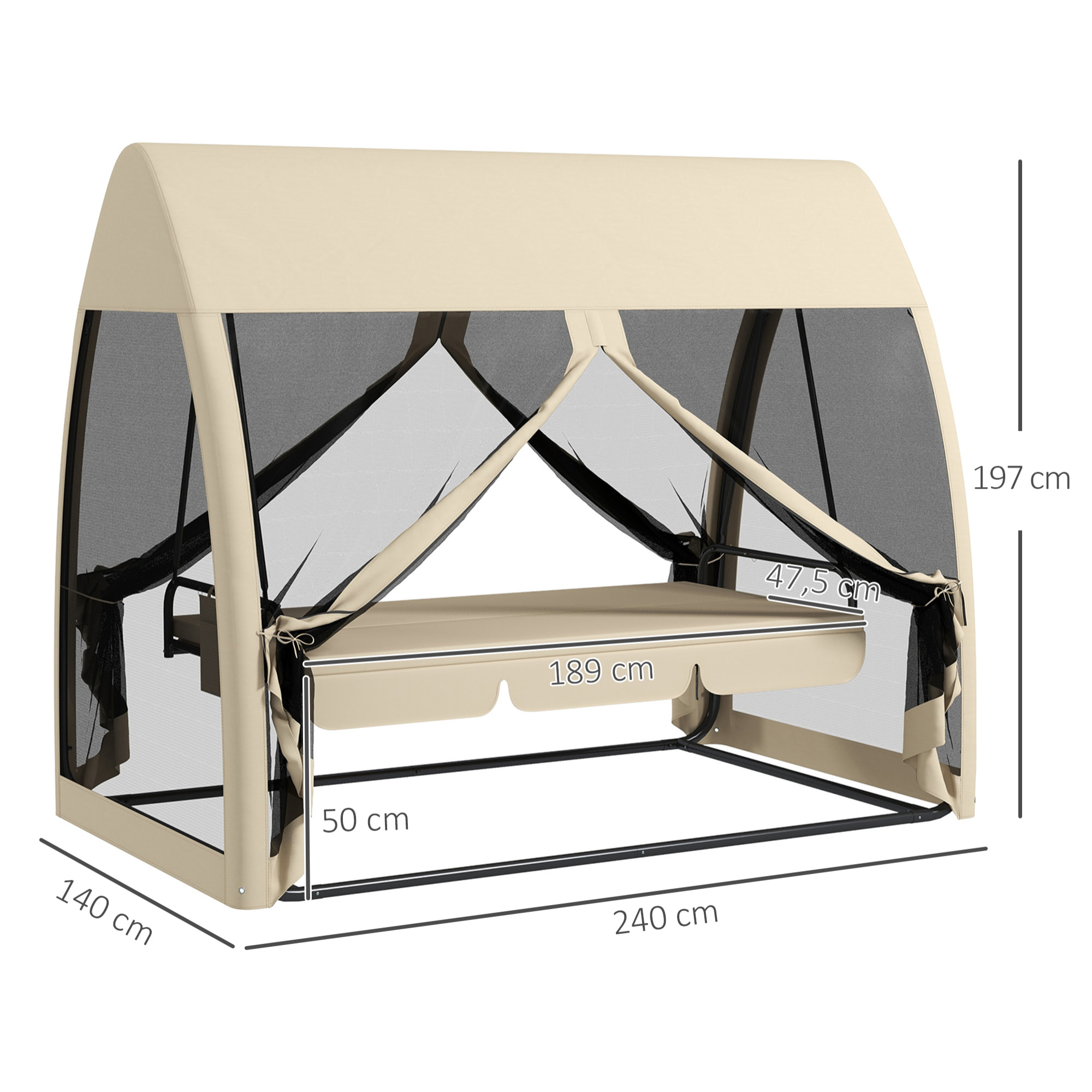 Balancín de Jardín de 3 Plazas Convertible en Cama Columpio Jardín Exterior con Mosquitera Estructura de Metal Carga 300 kg 240x140x197 cm Beige