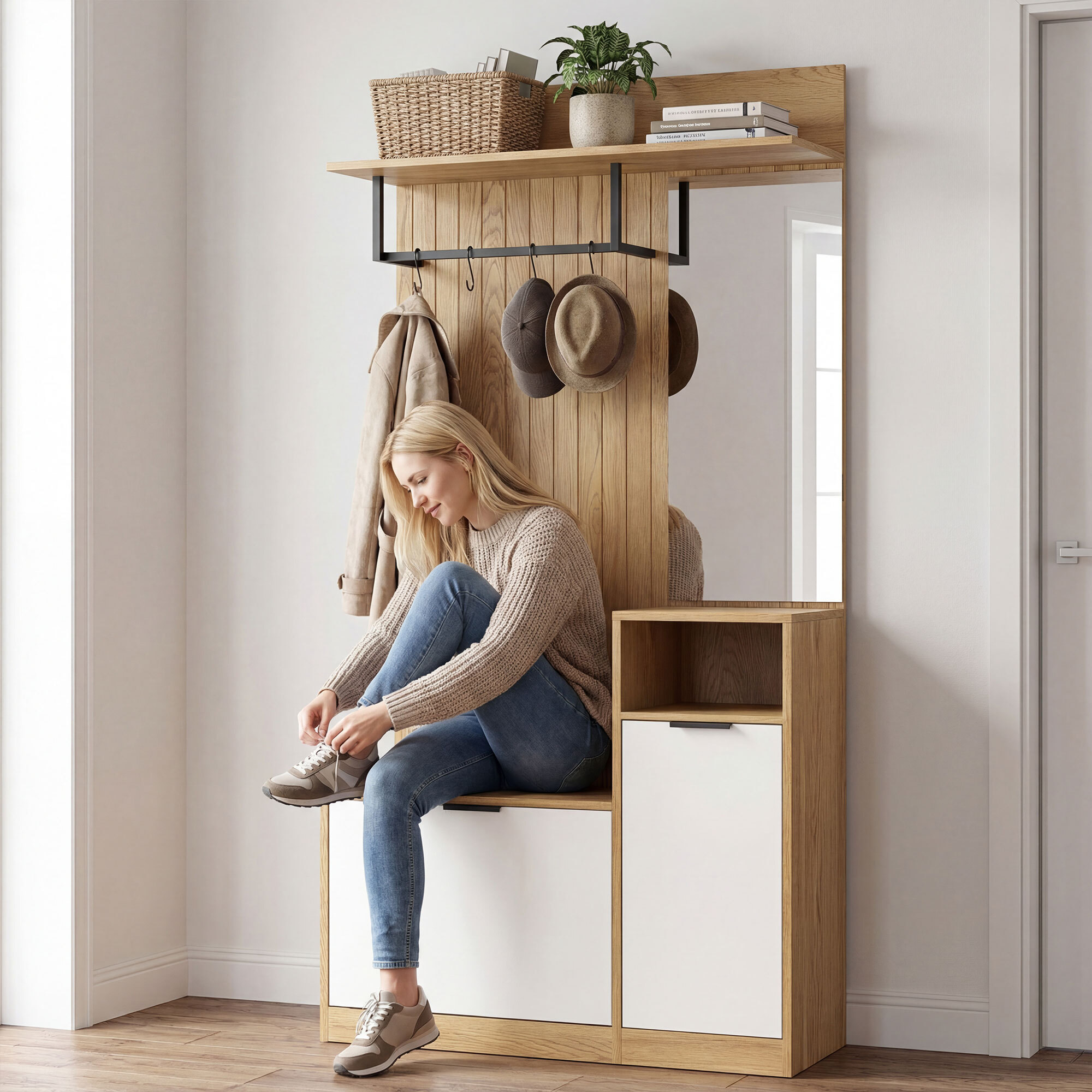 Perchero Zapatero, Perchero Entrada Recibidor con Zapatero, Espejo, Armario, Estantes Abiertos y 4 Ganchos, Estilo Moderno, para Pasillo Dormitorio, 80x36x168 cm, Roble