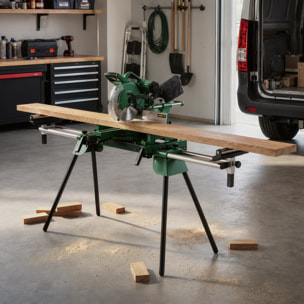 Soporte de Sierra Ingletadora Plegable, Universal con 2 Rodillos de Apoyo, Banco de Trabajo Extensible con Altura y Ancho Ajustable, Estructura Metálica Reforzada, Sistema Fijación Carga 200 kg
