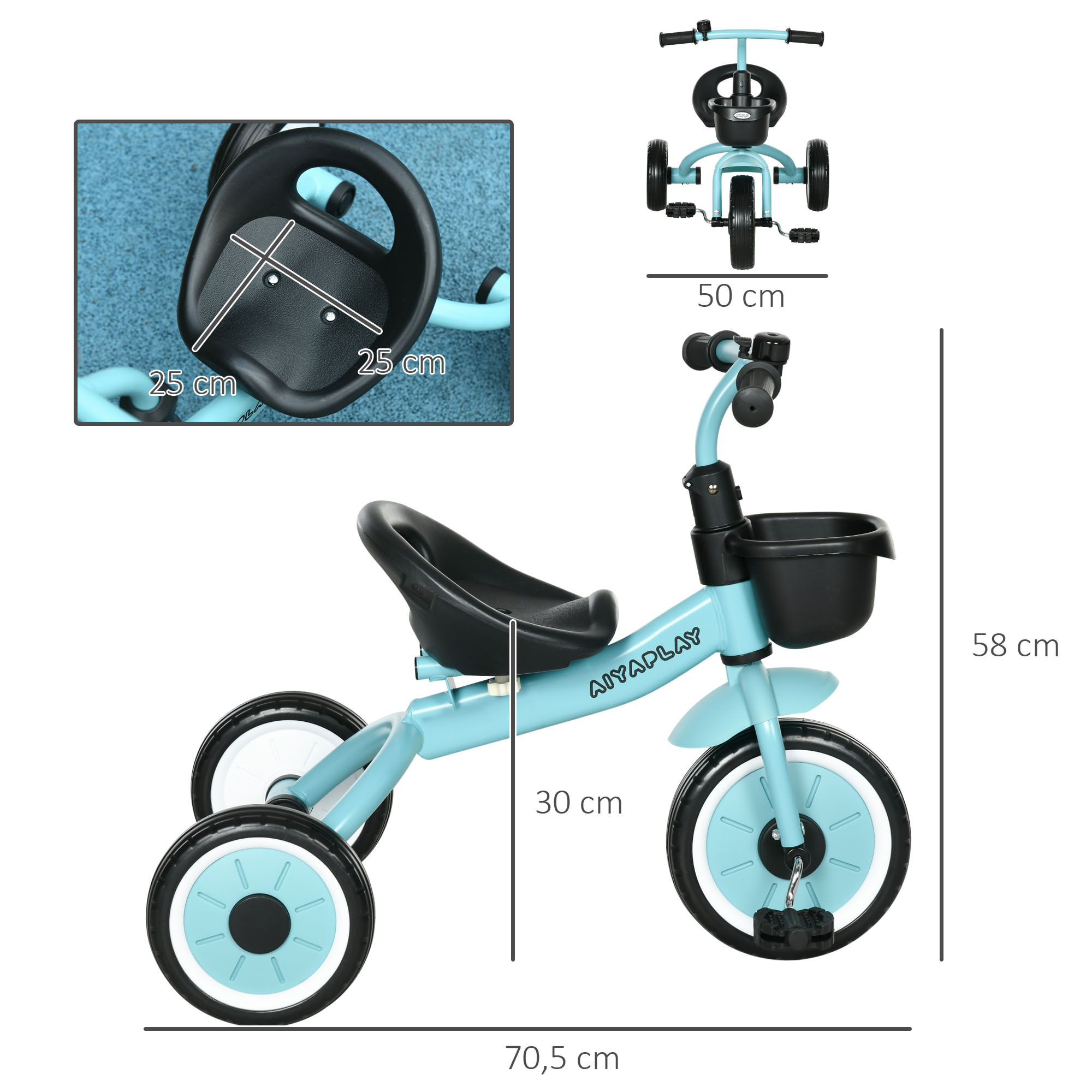 Tricycle enfant multi-équipé garde-boue sonnette panier pédales antidérapantes siège réglable avec dossier métal bleu ciel