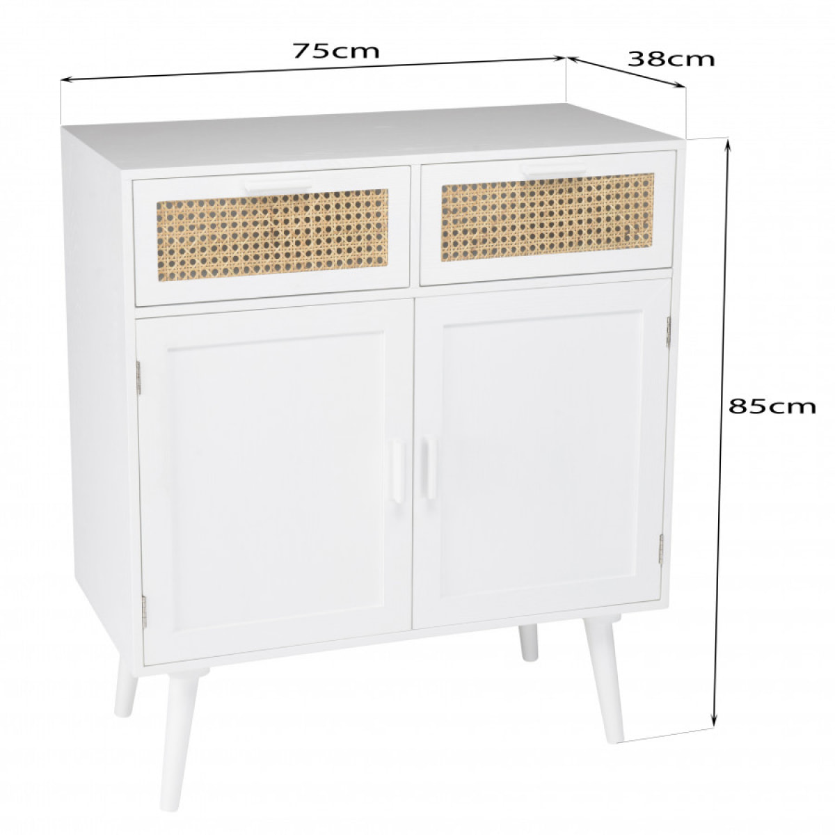 SANDRO - Buffet blanc 2 portes 2 tiroirs cannage naturel