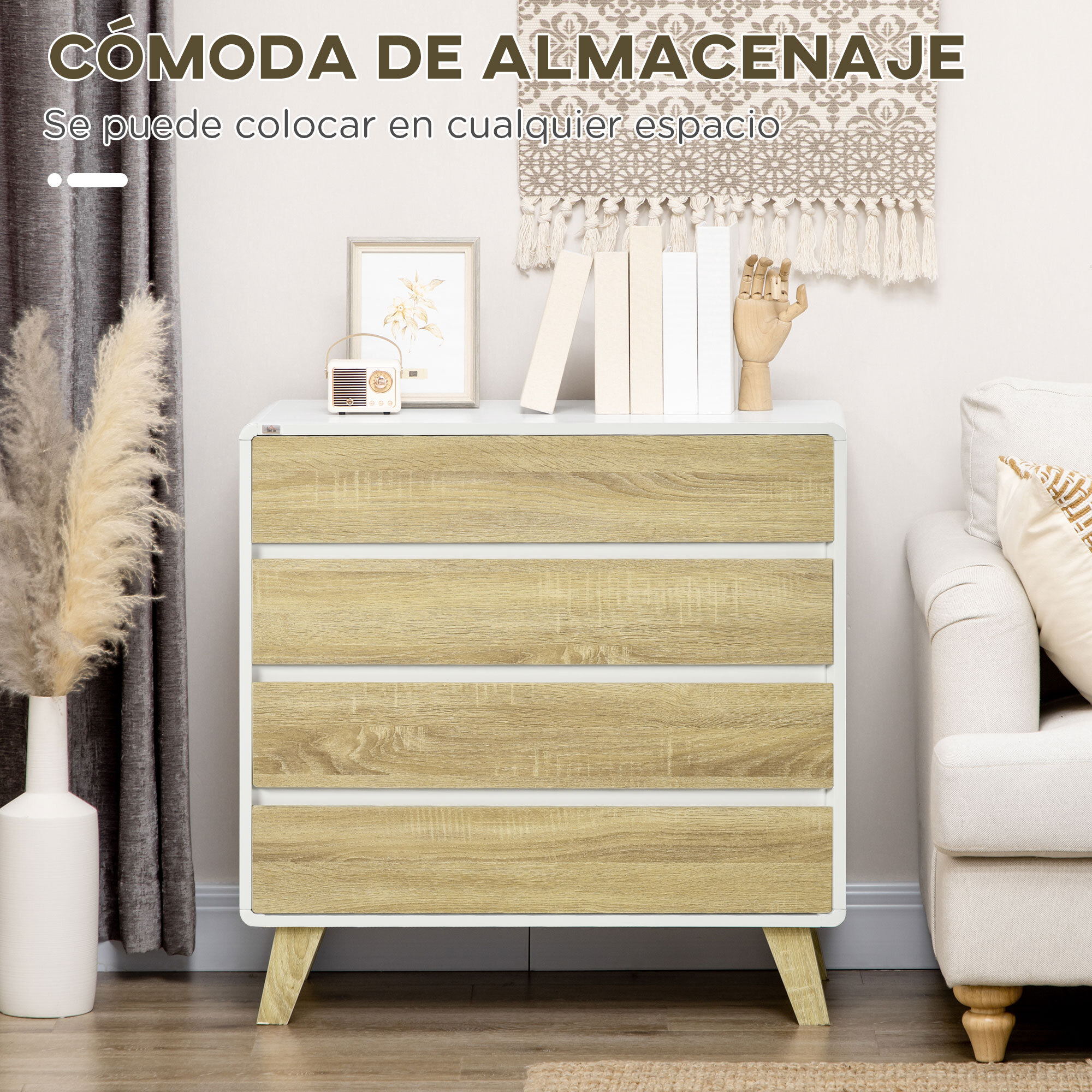 Cómoda con 4 Cajones Cajonera de Madera Cajonera para Armario con Patas Elevadas para Salón Dormitorio Oficina 80x40x79,5 cm Blanco y Roble