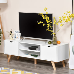 Meuble TV bas sur pied style scandinave 2 portes 2 niches passe-fils panneaux particules MDF blanc bois massif hévéa