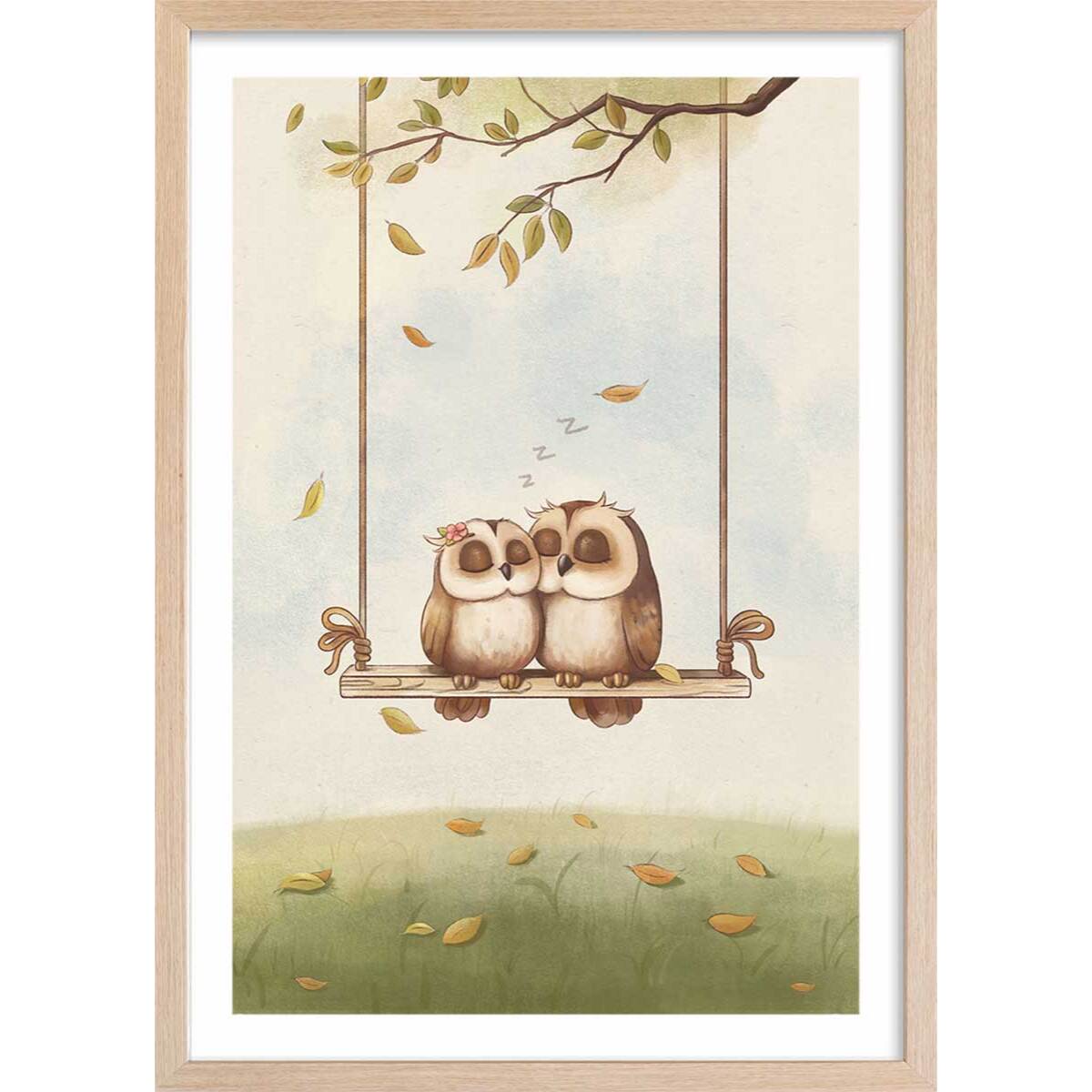 Affiche enfant hiboux amoureux  Affiche + cadre en bois - Chêne