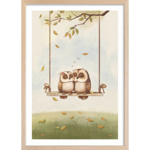 Affiche enfant hiboux amoureux  Affiche + cadre en bois - Chêne