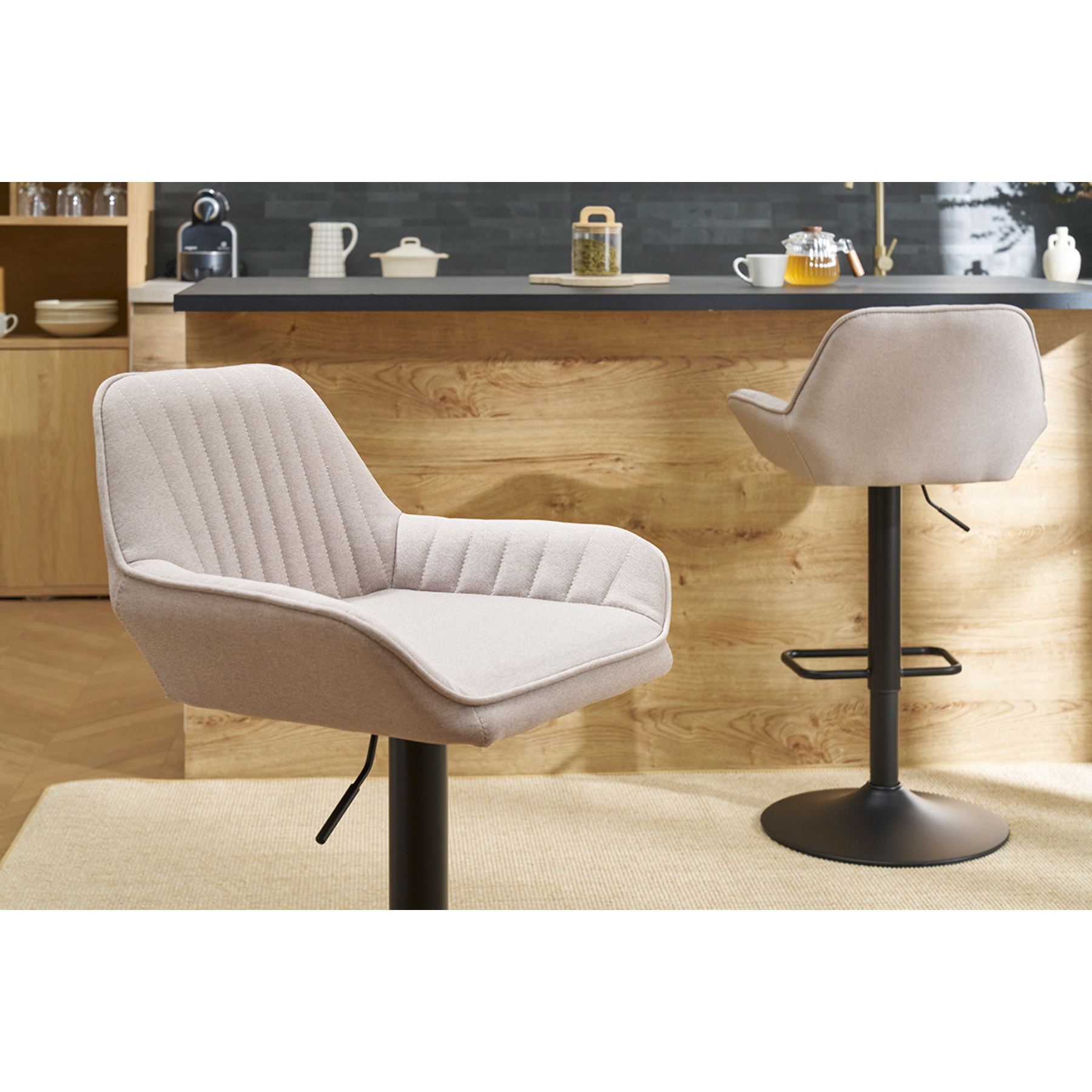 Tabourets de bar réglables en tissu beige et métal noir (lot de 2) RONNIE