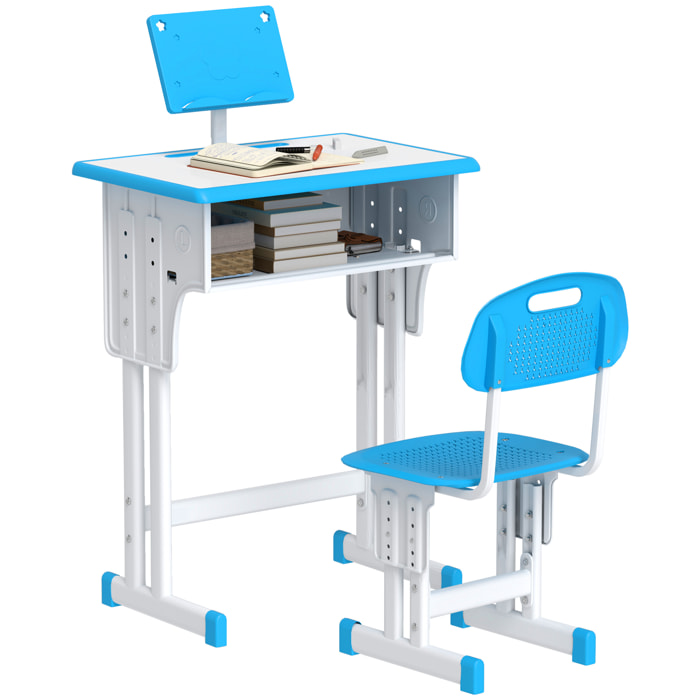 Juego de Escritorio y Silla para Niños de 6-12 Años Pupitre Infantil Altura Ajustable con 1 Cajón 1 Ranura para Lápiz y 1 Estante para Libros Acero 60x45x90-102 cm Azul