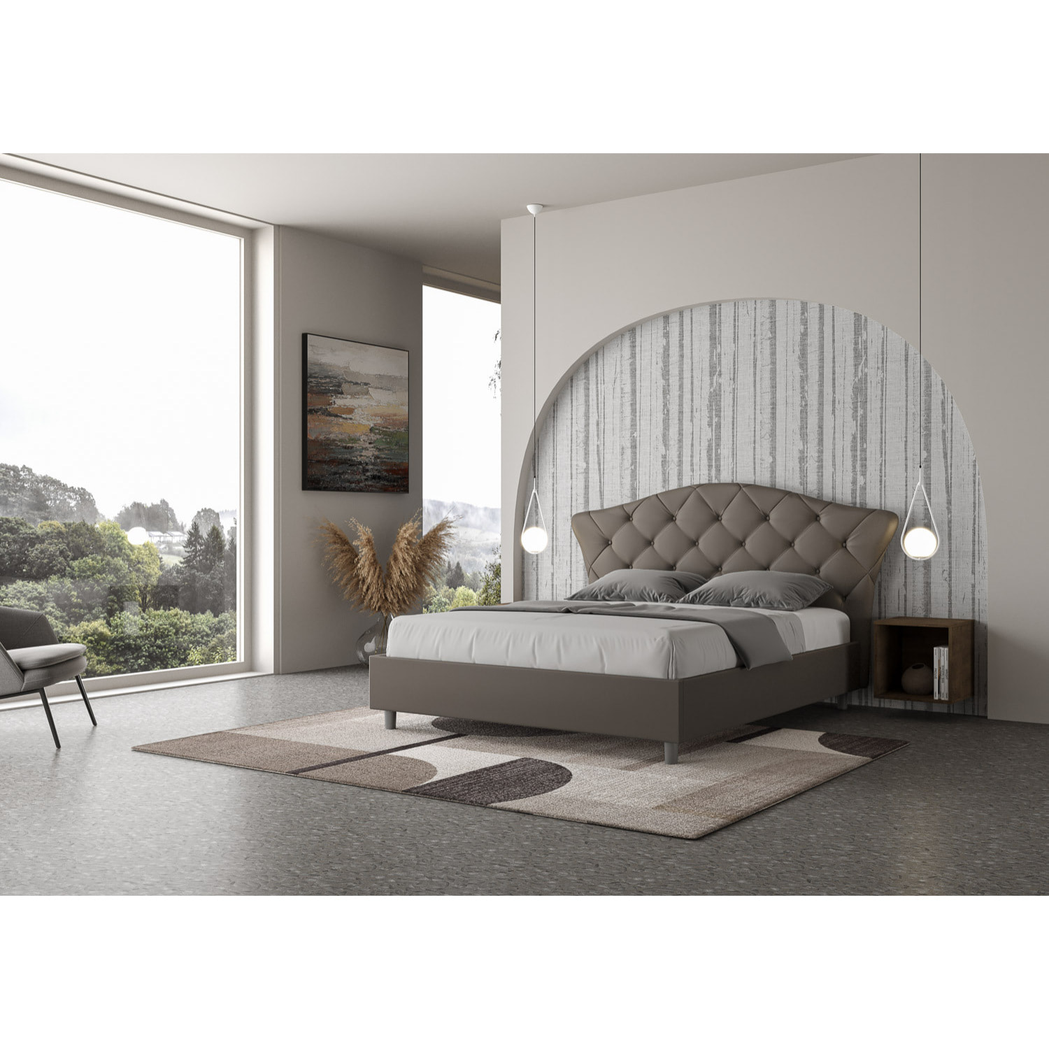 Cama con somier acolchada 160x190 cuero sintético capuchino Langre