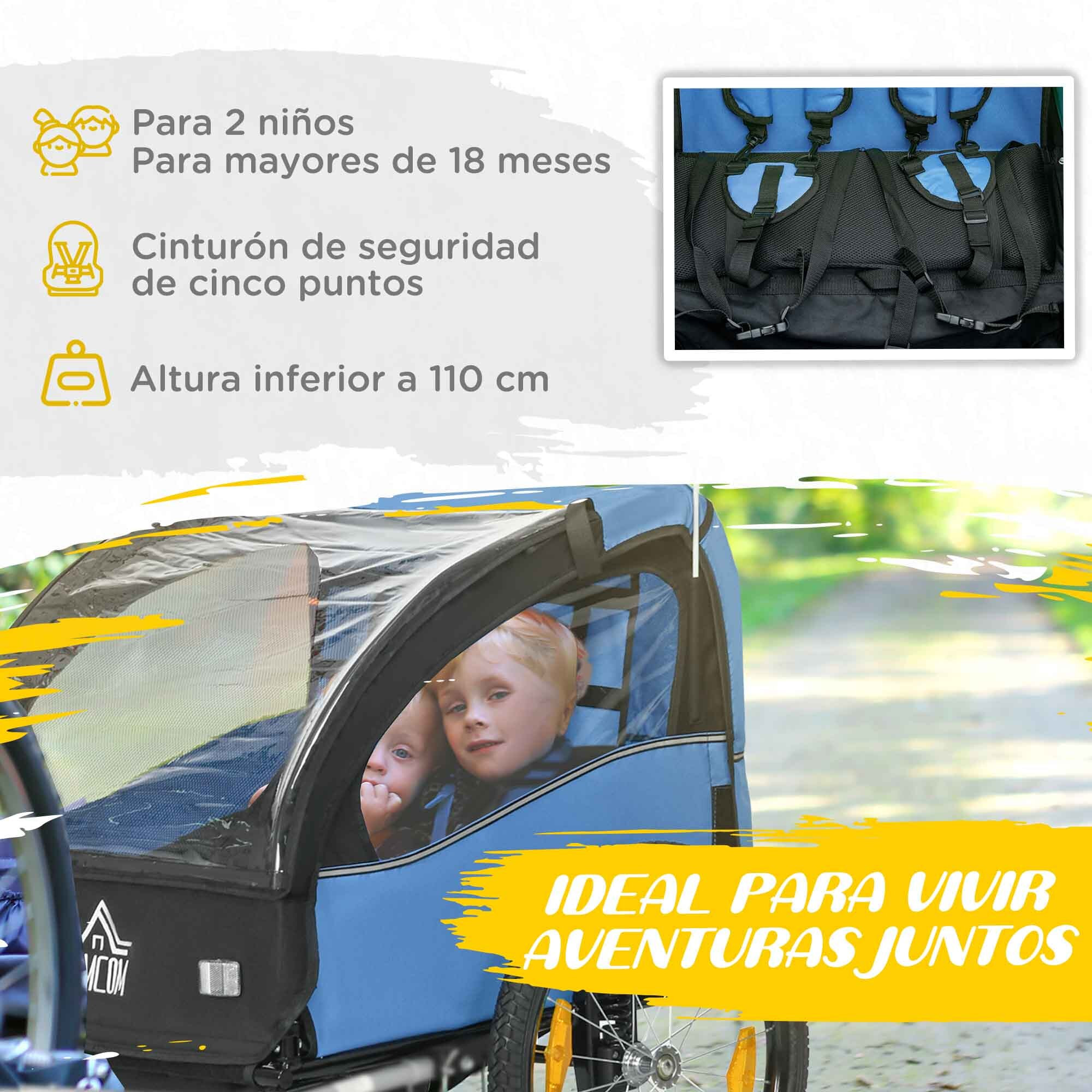 Remolque de Bicicleta para Niños +18 Meses Cochecito para Transporte de 2 Plazas con Cinturón de Seguridad Espacio de Almacenamiento y Sistema de Amortiguador 140x88x90 cm Azul