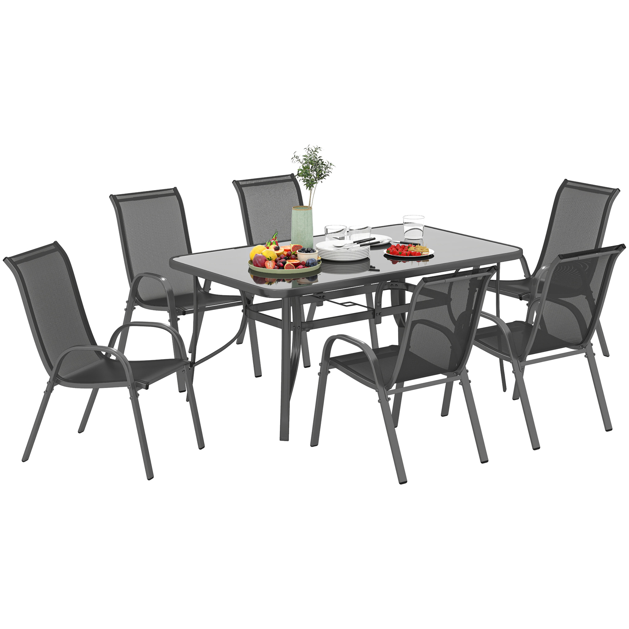 Conjunto de Mesa y Sillas Jardín de 7 Piezas, Muebles de Jardín Exterior con Mesa y 6 Sillas para Terraza con Orificio para Sombrilla y Encimera de Cristal, para Terraza Patio, Gris Oscuro