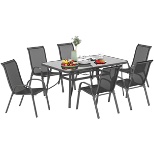 Conjunto de Mesa y Sillas Jardín de 7 Piezas, Muebles de Jardín Exterior con Mesa y 6 Sillas para Terraza con Orificio para Sombrilla y Encimera de Cristal, para Terraza Patio, Gris Oscuro