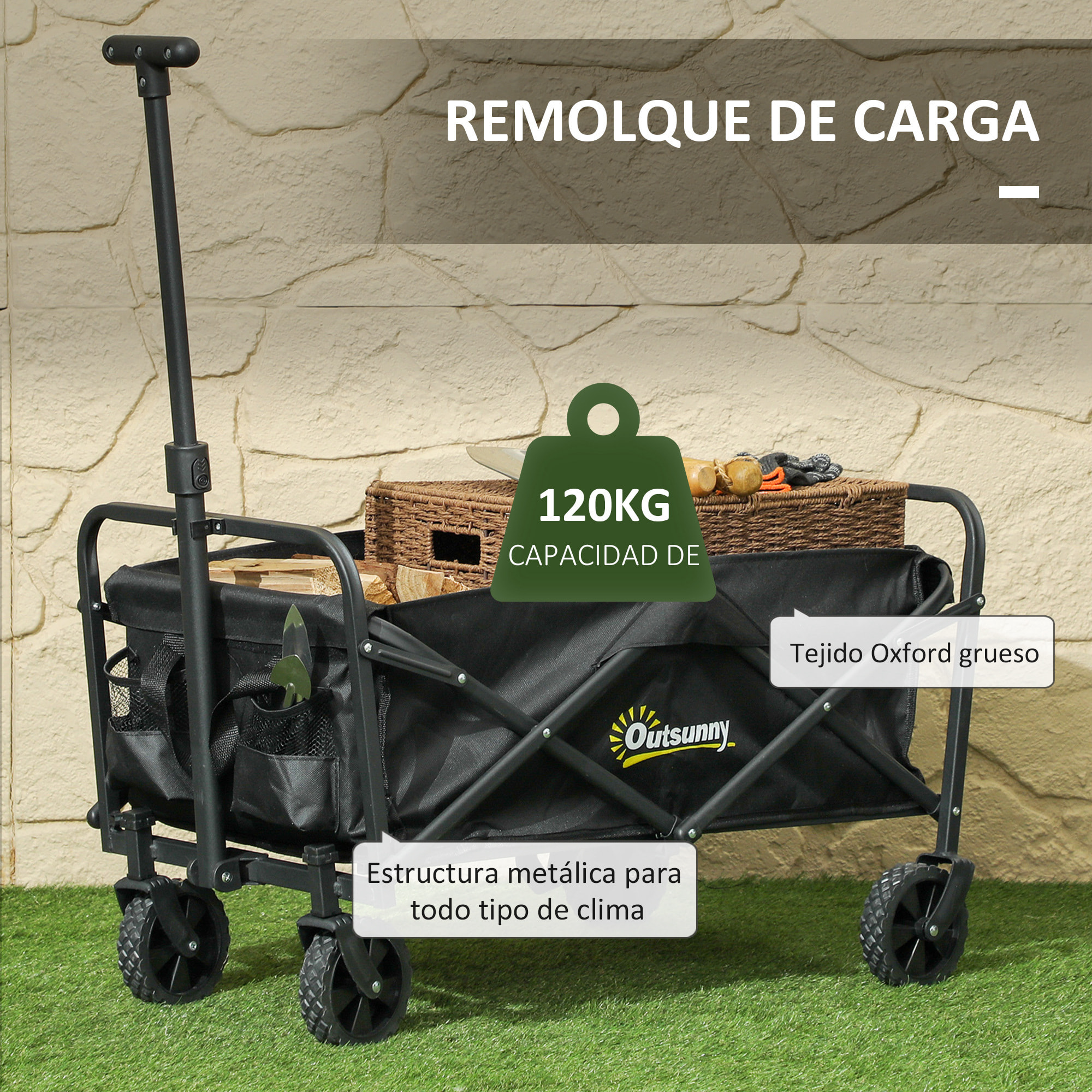 Carro Playa con Ruedas Carro de Jardín Plegable con Asa Telescópica Ajustable 2 Bolsas de Almacenaje Carga 120 kg Carrito Transporte para Todo Terreno Jardín Campaña Compra Negro