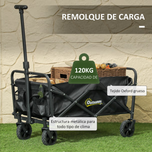 Carro Playa con Ruedas Carro de Jardín Plegable con Asa Telescópica Ajustable 2 Bolsas de Almacenaje Carga 120 kg Carrito Transporte para Todo Terreno Jardín Campaña Compra Negro