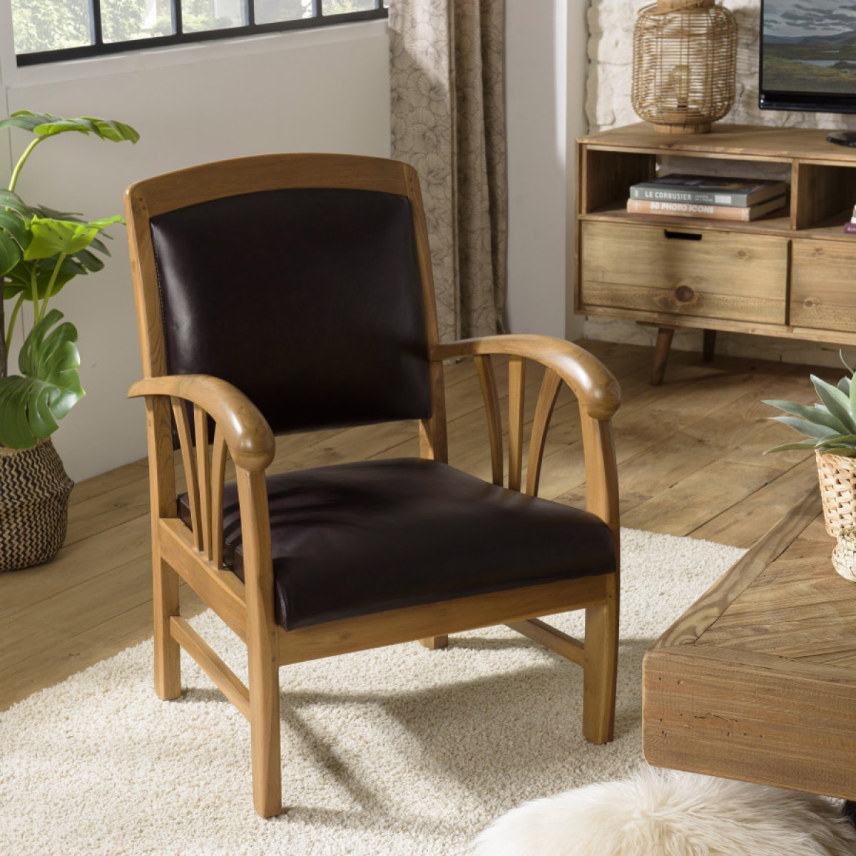 ERIS - Fauteuil teck et cuir marron