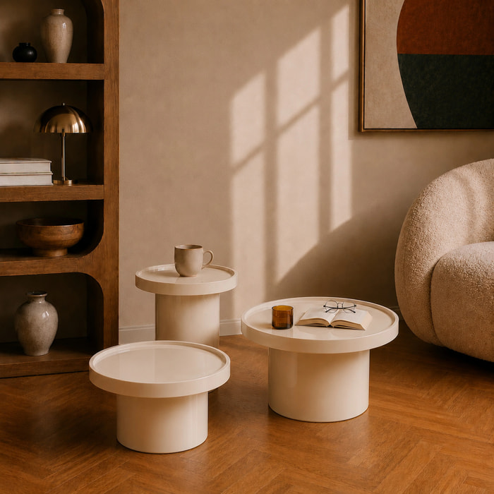 Lot de 3 tables basses laquées blanches en MDF  - Nora