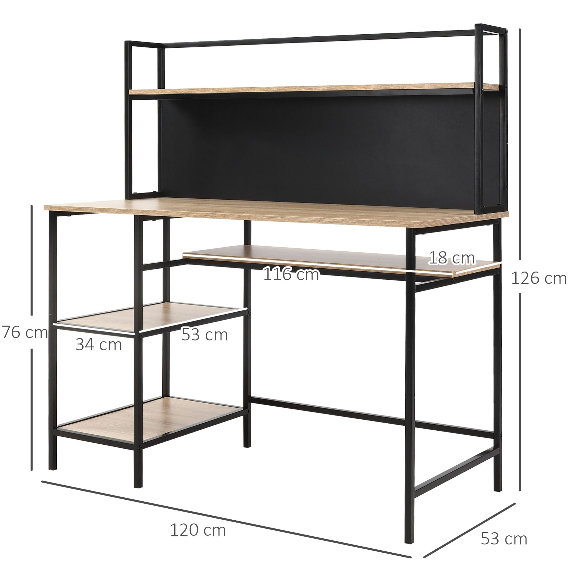 Bureau informatique design industriel 4 étagères grand plateau et panneau noir métal aspect chêne clair