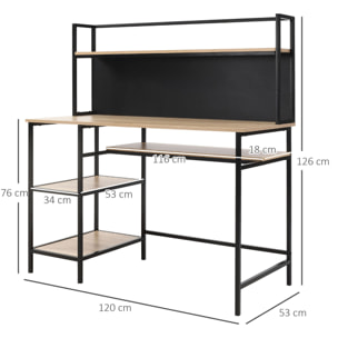 Bureau informatique design industriel 4 étagères grand plateau et panneau noir métal aspect chêne clair