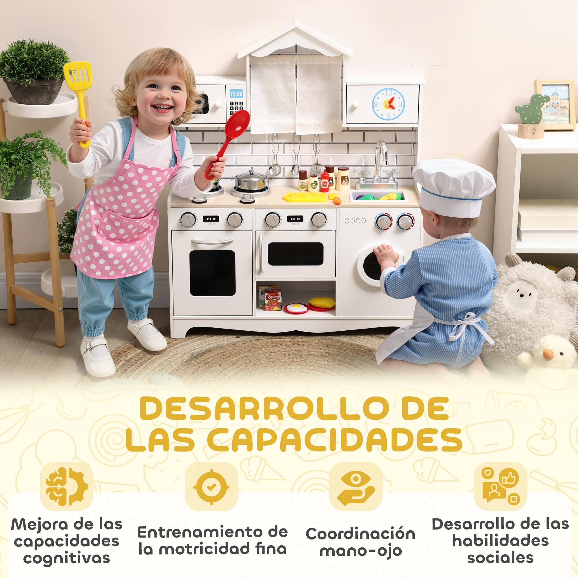 Cocina de Juguete de Madera con Sonido y Cortinas, Cocinita Infantil con Accesorios de Acero Inoxidable, Lavadora, Microondas, Fregadero, Juguetes para Niños a Partir de 3 Años, Blanco