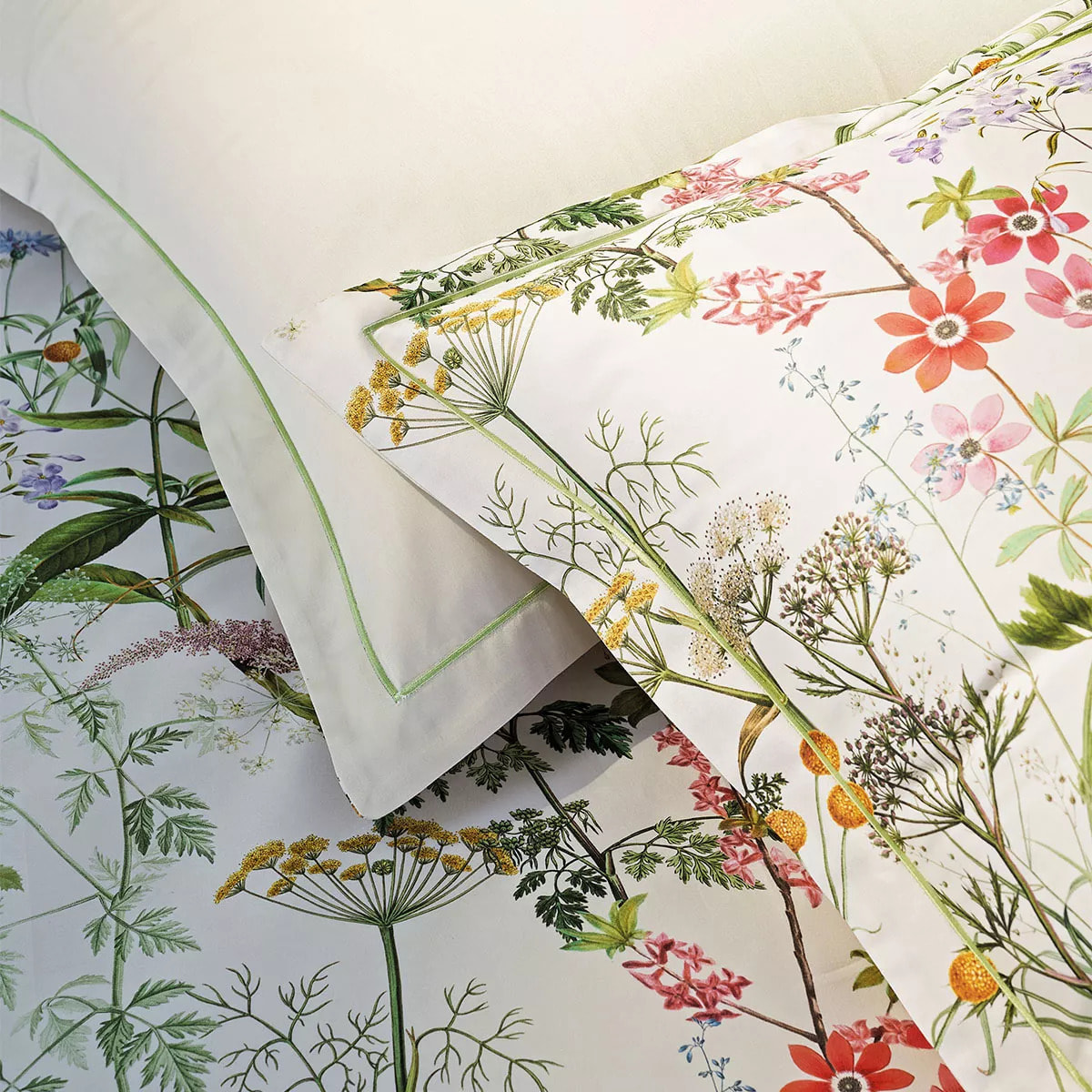 Housse de couette satin de coton 115 g/m² imprimé rose beige vert Prairie legere beige