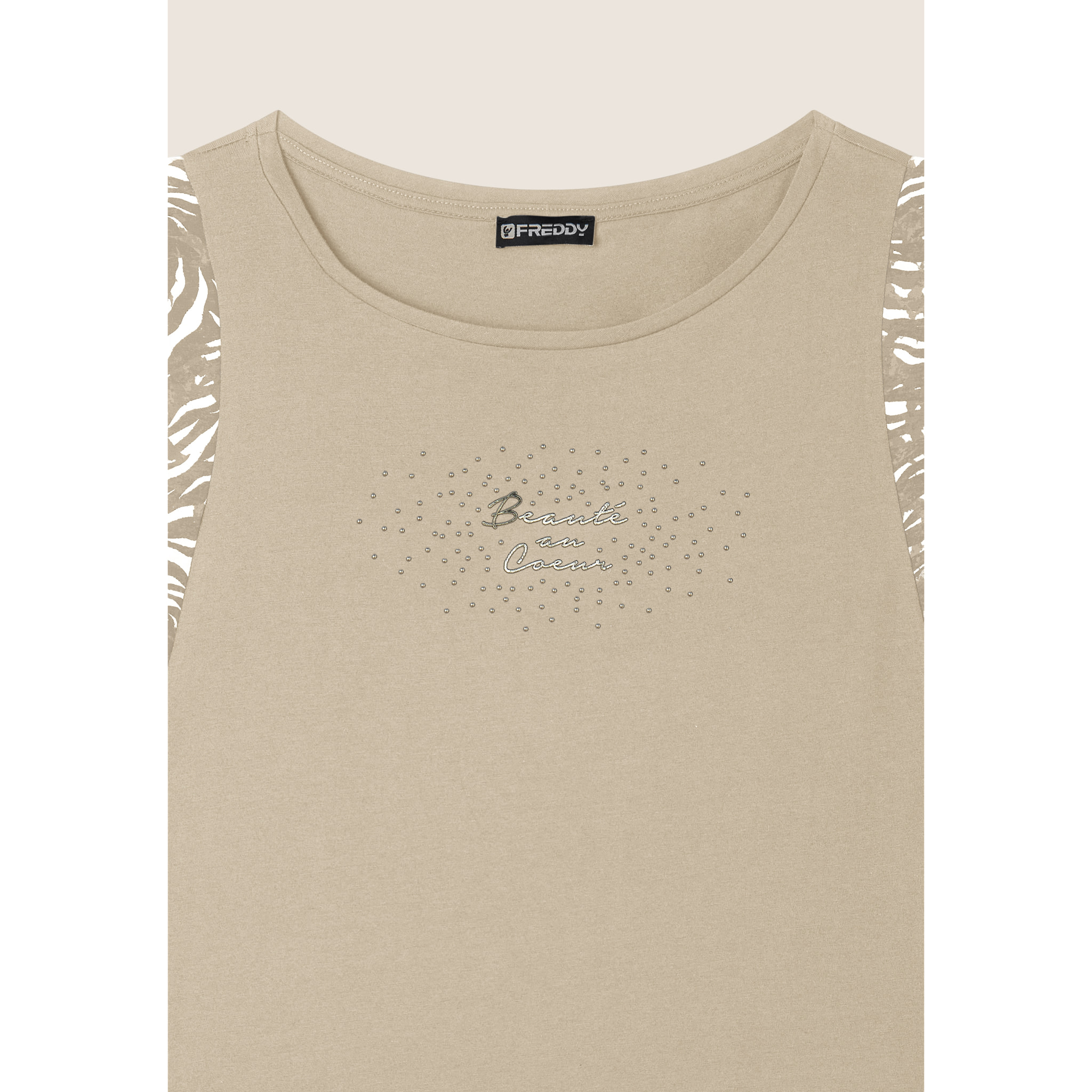 T-shirt senza maniche con dettagli dorati e animalier