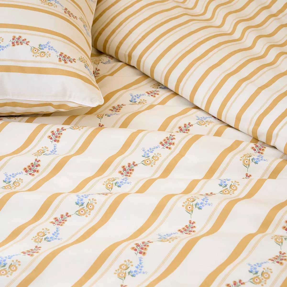 Lot h.couette +taies percale de coton lavé rayé jaune beige Honfleur paille
