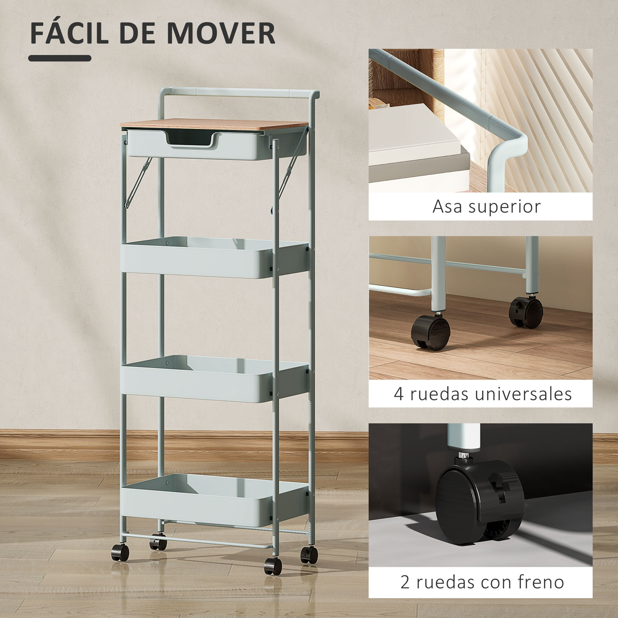 Carrito Auxiliar con Ruedas de 4 Niveles Carro de Cocina con 1 Cajón y 3 Cestas Carrito Organizador para Dormitorio Salón Oficina Verde Claro