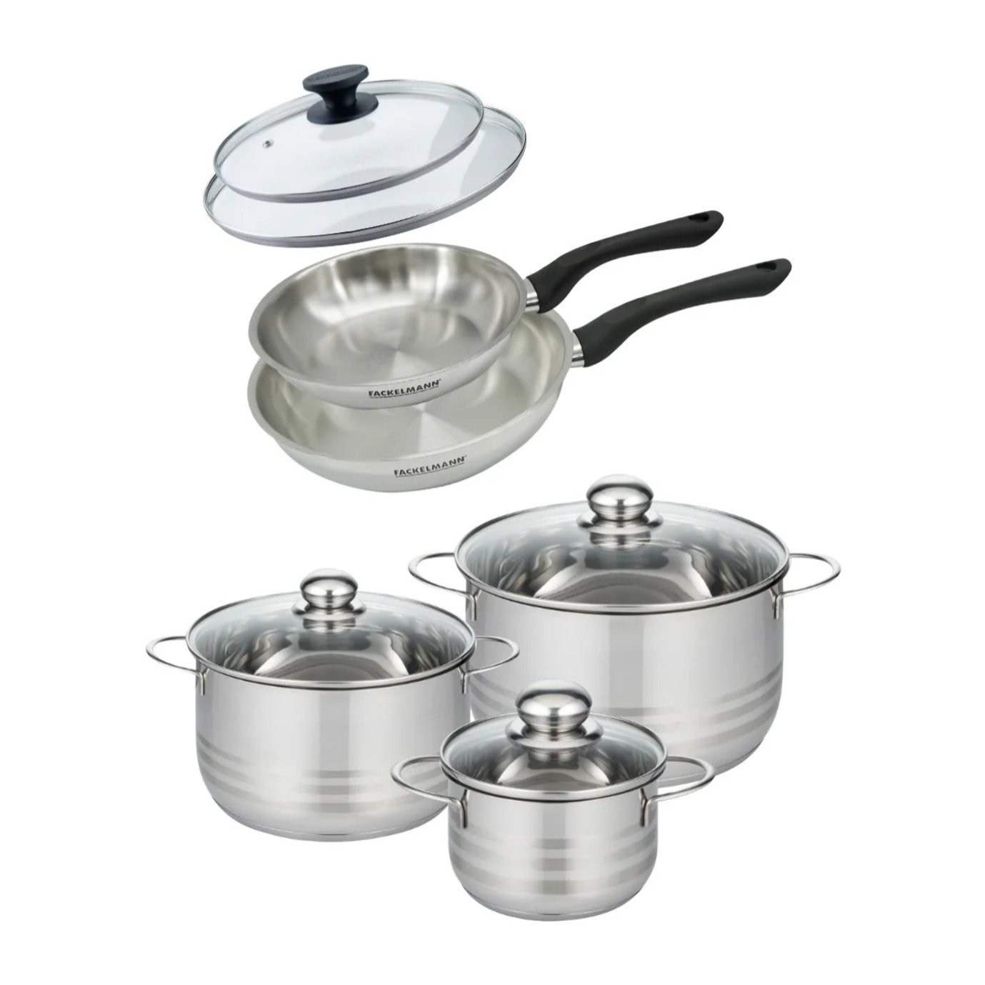 Set de 2 poêles en inox et couvercles, 3 faitouts inox 16, 20 et 24 cm Fackelmann Geneva