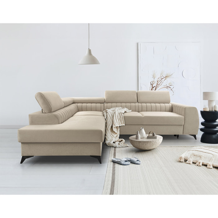 Aneta - canapé d'angle gauche 5 places - convertible avec coffre et têtières - en velours - Beige