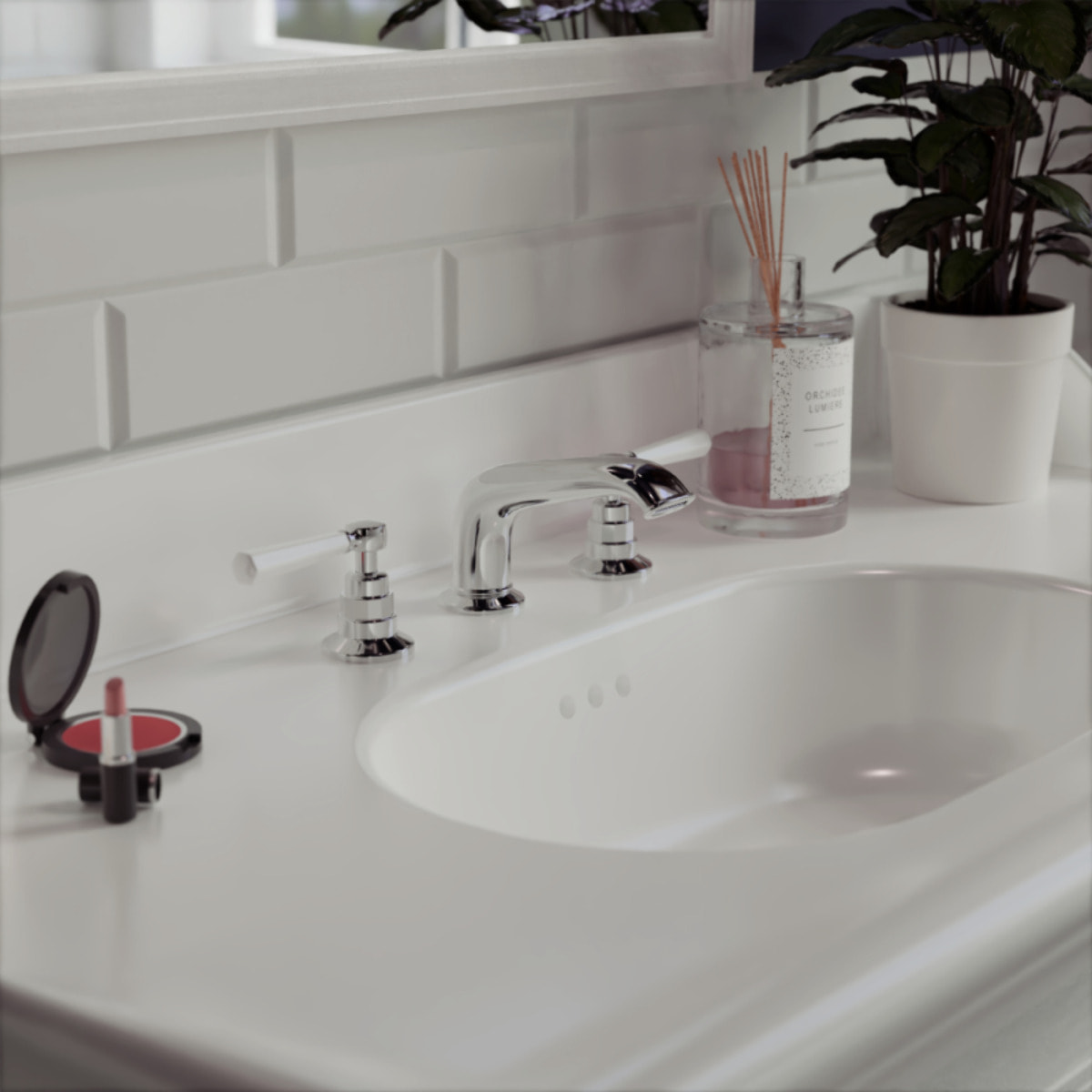 Pack meuble vasque 3 trous Cléo 1889 blanc velours + colonne gauche + miroir + mélangeur poignés chrome