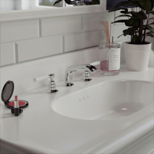 Pack meuble vasque 3 trous Cléo 1889 blanc velours + colonne gauche + miroir + mélangeur poignés chrome