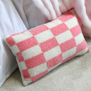 Coussin rectangulaire en bouclette à motif damier - Rose