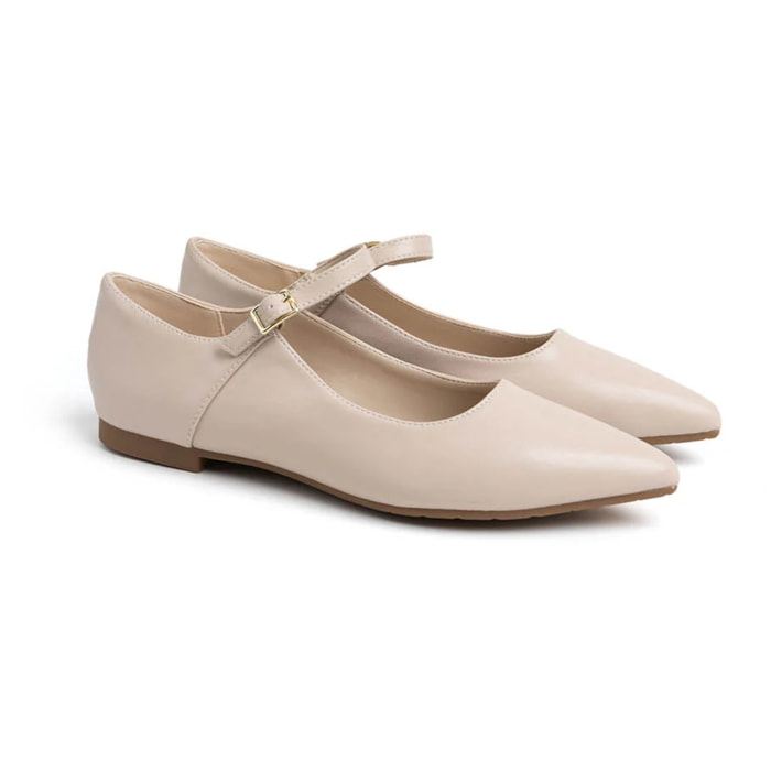 Ballerina in vera pelle con cinturino - BEIGE