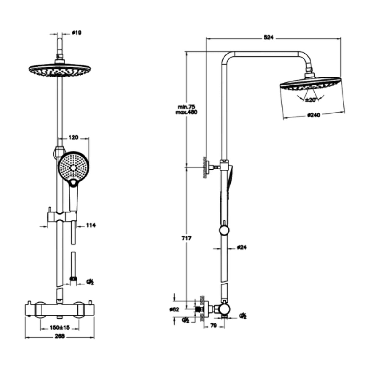 Colonne de douche thermostatique VITRA Aquaheat Bliss 240 2F nickel brossé