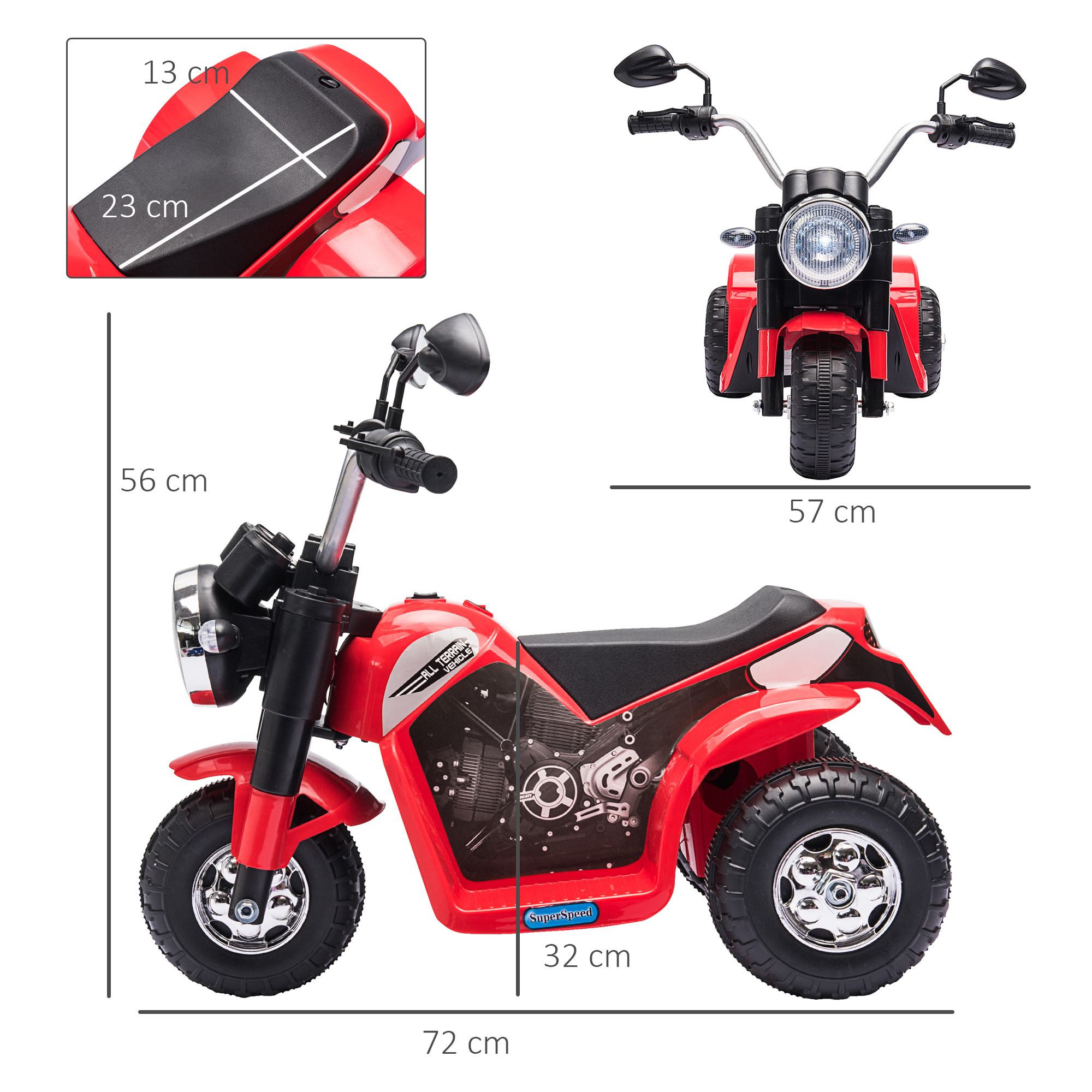 Moto Eléctrica Infantil con 3 Ruedas Triciclo a Batería 6V para Niños de 18-36 Meses con Faro Bocina Velocidad 2 km/h 72x57x56 cm Rojo