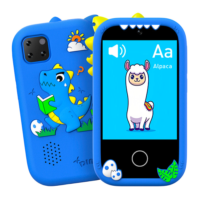 Telefono per bambini con 18 giochi e apprendimento in inglese, con fotocamera duale e registrazione video. Schermo touch da 2,8". Senza possibilità di SIM o chiamate. Custodia in silicone unicorno.
