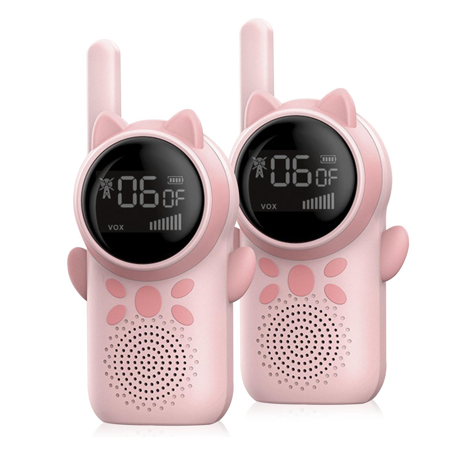 DAM Walkie Talkies infantiles D25, 1-3 km, pantalla 1,5'' a color, 99 códigos de grupo encriptados, luz LED. 2 unidades. Batería recargable. 7x4,5x14,3 Cm. Color: Rosa