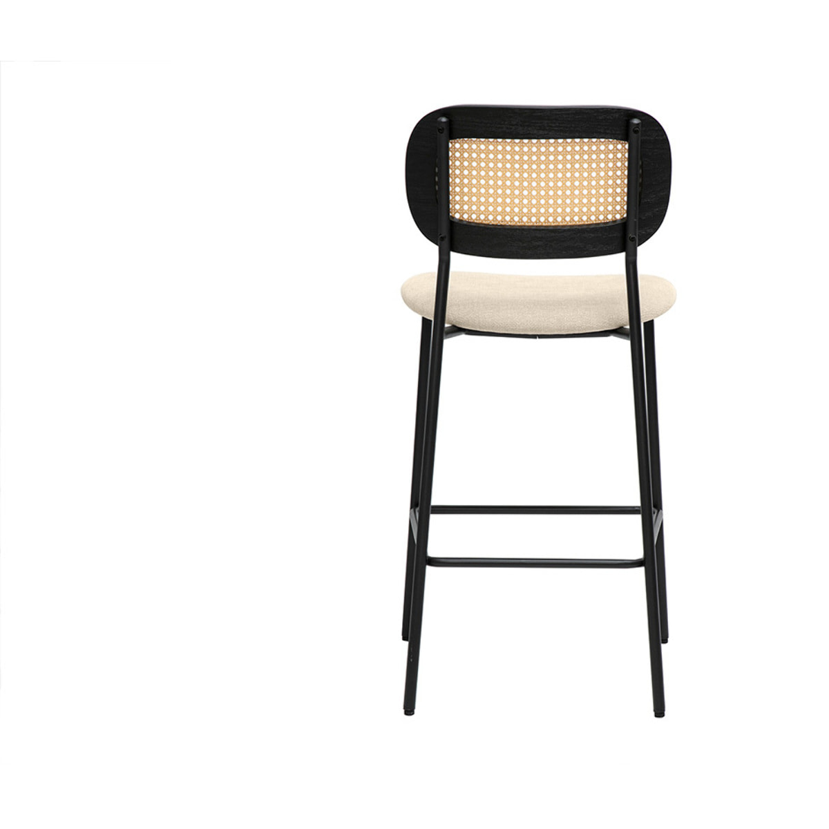 Tabourets design en tissu effet velours texturé beige, métal noir et cannage rotin (lot de 2) MIRANDA