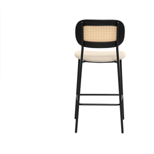 Tabourets design en tissu effet velours texturé beige, métal noir et cannage rotin (lot de 2) MIRANDA