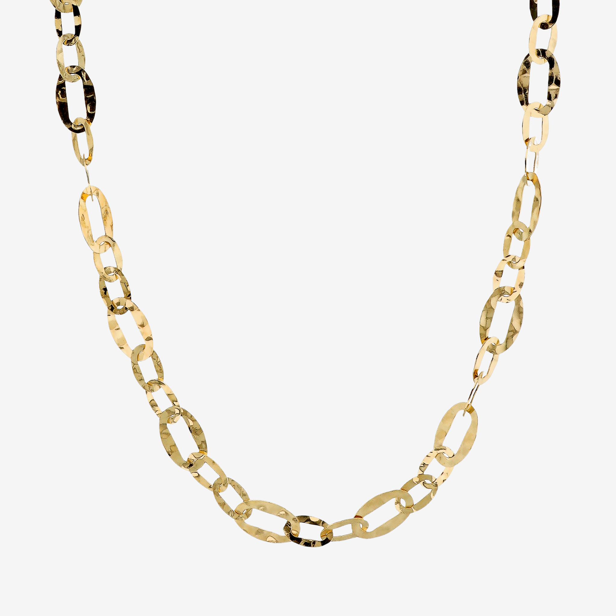 Collana Lunga Martellata con Maglie Ovali Piatte Alternate in Argento 925 placcato Oro giallo 18Kt