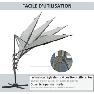 Parasol déporté octogonal inclinable rotatif 360° manivelle piètement acier mât alu. dim. Ø 2,95 x 2,5H m polyester haute densité gris