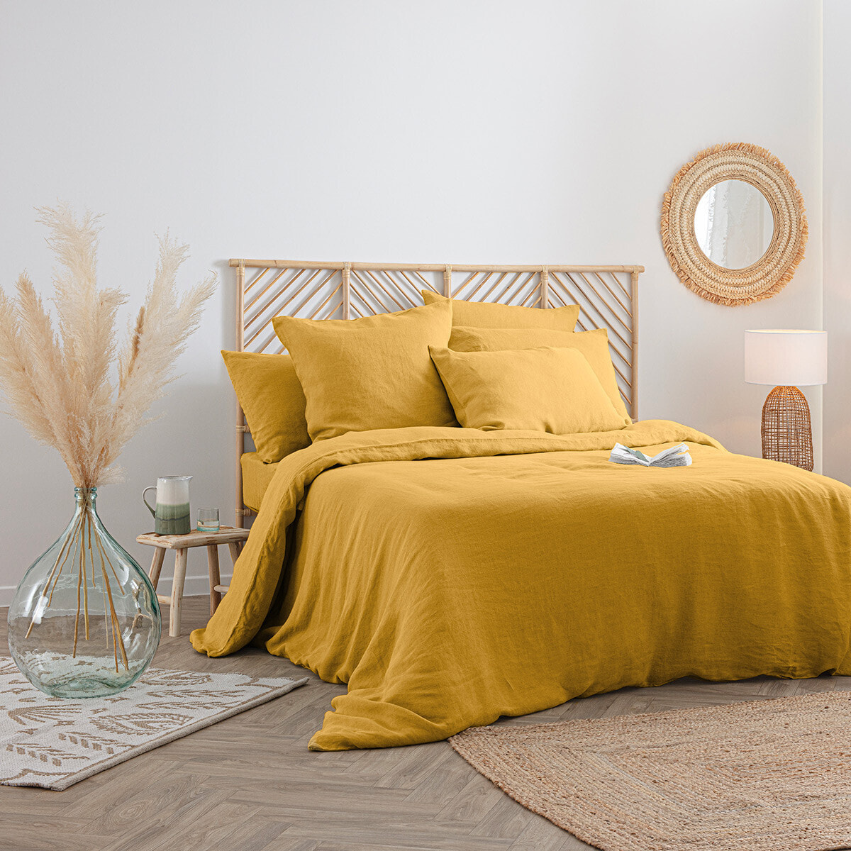 Drap-housse "Linah" - jaune ocre - lin lavé 140x190 cm