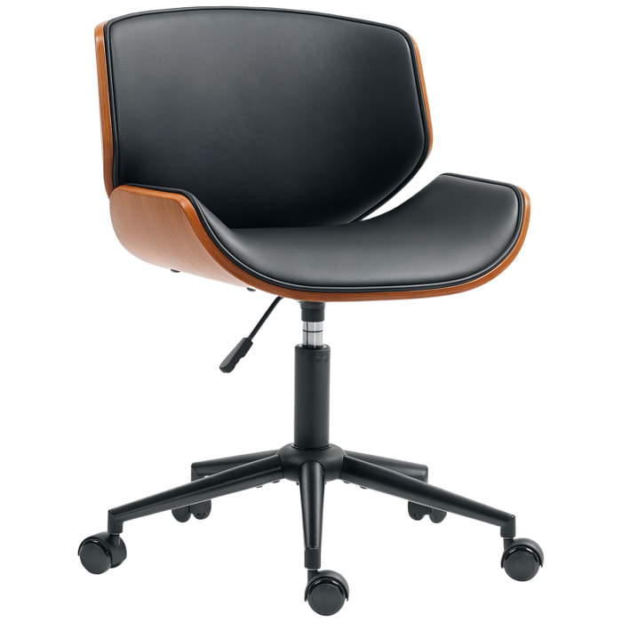 Silla de Oficina sin Brazos Silla de Escritorio Vintage Giratoria Tapizada en PU Madera Curvada Altura Ajustable Respaldo Curvado Negro y Marrón