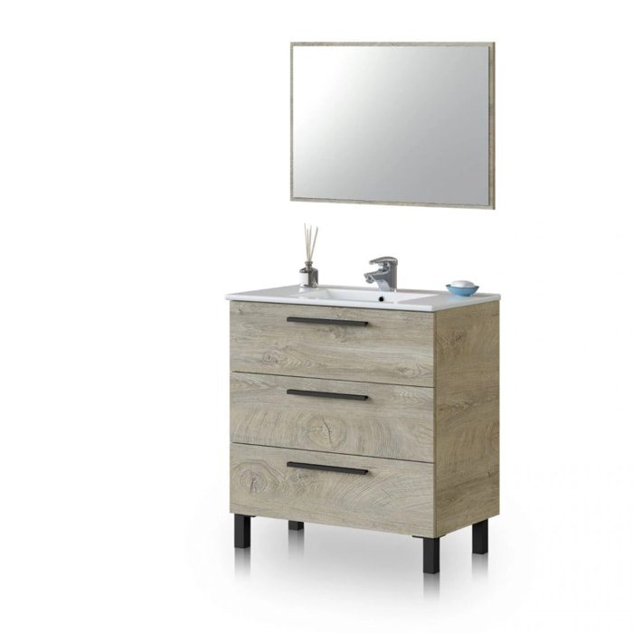 Mueble de baño con espejo Sense 3 cajones Roble Alaska